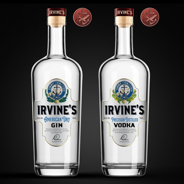 IRVINE'S GIN and CORN VODKA labels