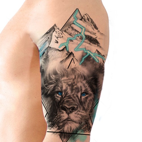 Mountain, lion and a lightning tattoo (right-side shoulder to arm) Design by osworkdesign