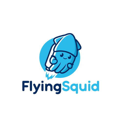 Logo of a squid wearing a jetpack for product named FlyingSquid Design by PatricioDesigns