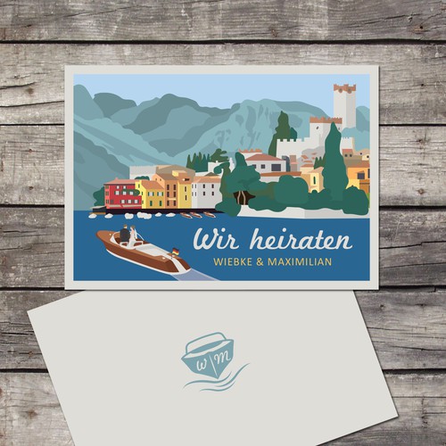 Stylish Colourful Vintage-Travel-Poster-Style German-Italian Wedding Invitation Card デザイン by Jelena 021