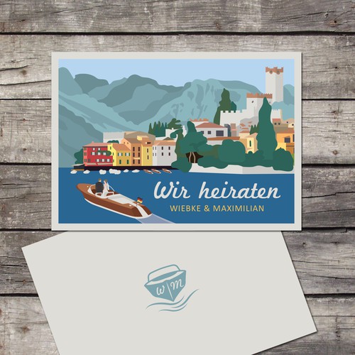 Stylish Colourful Vintage-Travel-Poster-Style German-Italian Wedding Invitation Card Design von Jelena 021