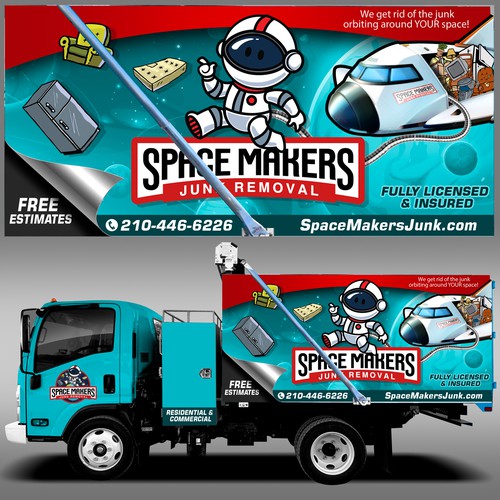 Fun and Catchy Junk Removal Service Truck Wrap - Space Theme Design by Lumina CreAtive
