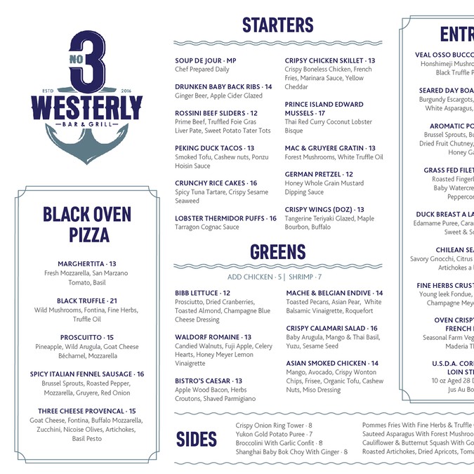 westerly yacht club menu