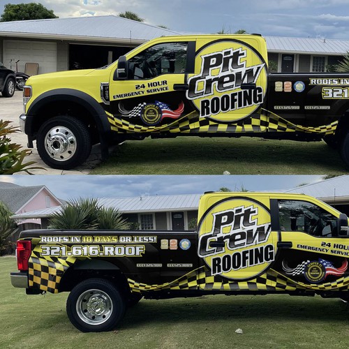 Vehicle Wrap Modification for a race car themed roofing company Design by theANUNGs