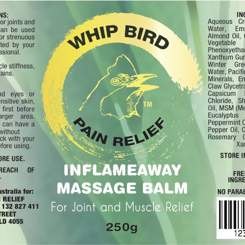 Create the next product label for Whipbird Pain Relief Pty Ltd Diseño de epokope