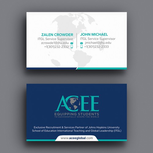 ACEE's new business card to show the partnership with JHU ITGL program Design by Xclusive16