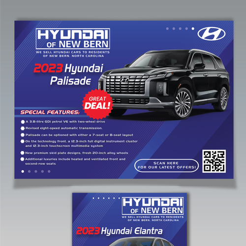 Flyer for Hyundai car dealership showing off the new Palisade and Elantra Design by CreativeCurveDesigns