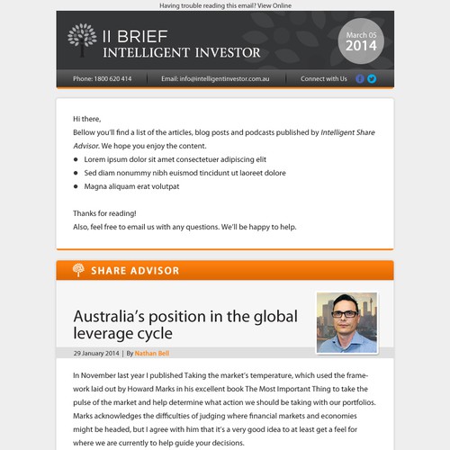 Create a weekly email newsletter template for Intelligent Investor Design by MaximaDesign