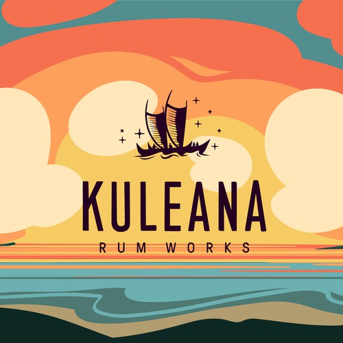 Vector illustration of Hawaiian sunset with clouds in retro style incorporating logo Design by Anastasia1995