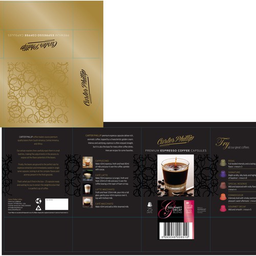 Design an espresso coffee box package. Modern, international, exclusive. Design by Sonia Maggi