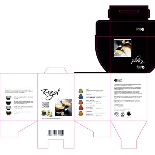 Design an espresso coffee box package. Modern, international, exclusive. Design by Coshe®