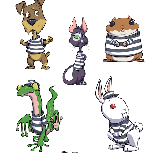 Illustrations for a table top game where animals escape a pet control facility Design by Dukecartoons