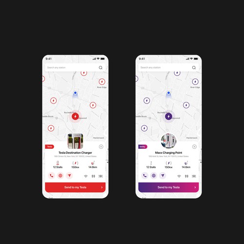 Tesla App to localise charging point on a map Design by Uzeir Mansuri