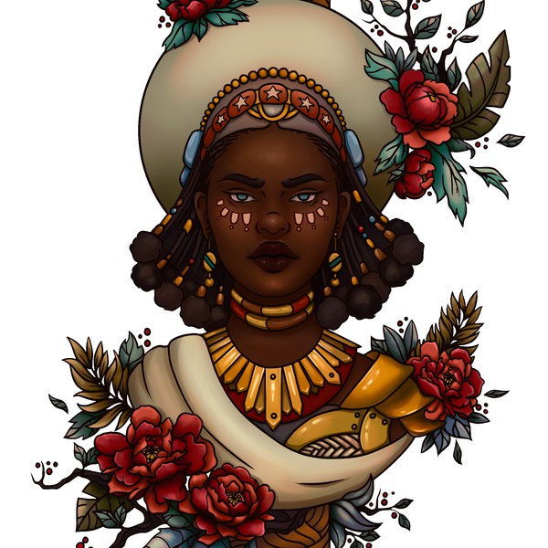 Afro warrior goddess tattoo design