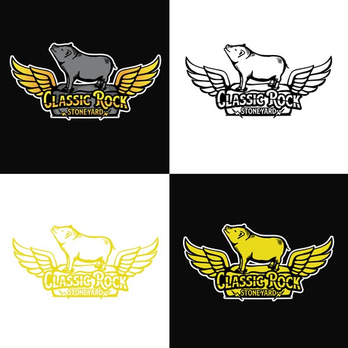 Design a fun and playful logo for a family stone yard business featuring our pet pig, Piggums.