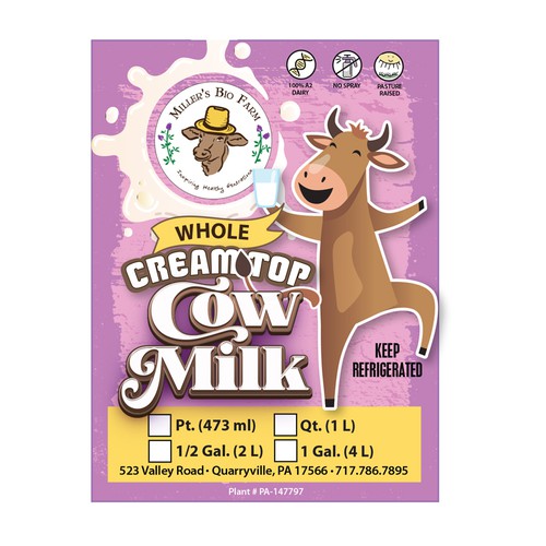 Design a cream top milk label for our kid-friendly brand! Design by DSB Graphic Design