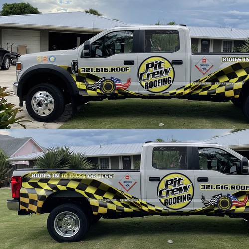 Vehicle Wrap Modification for a race car themed roofing company Design by theANUNGs