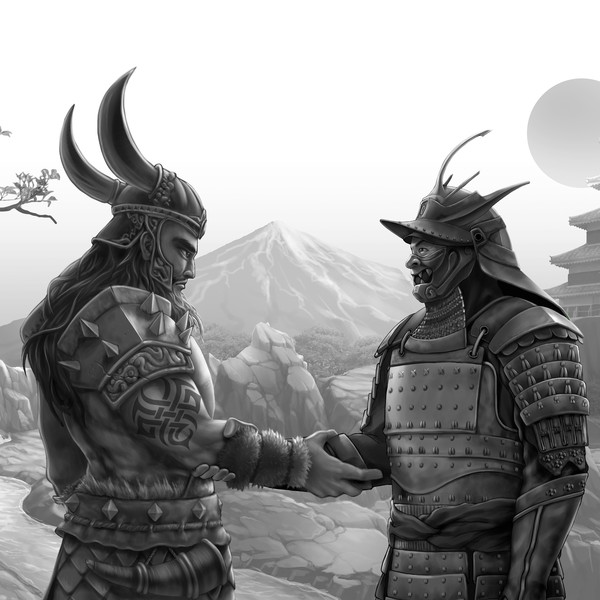 A Viking Warrior and Samurai (B/W version)