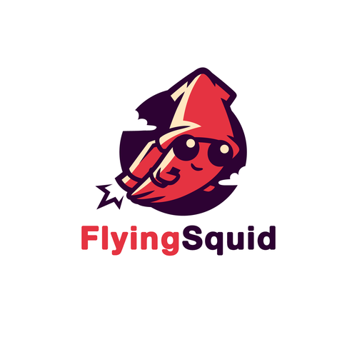 Logo of a squid wearing a jetpack for product named FlyingSquid Design by Rock N Draw