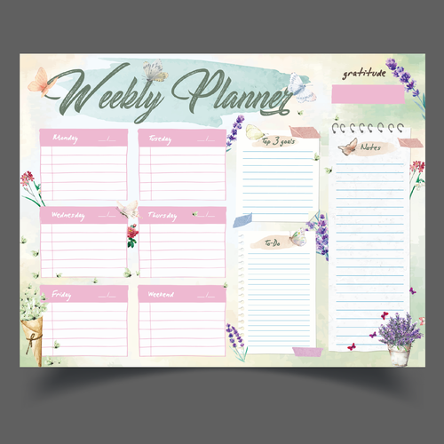 Design a weekly planner template with graphical elements. Design réalisé par ✒️ Maii.sh