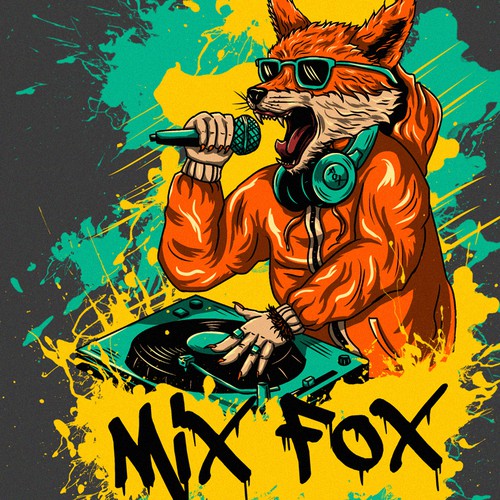 We are looking for a Hip-Hop themed humanoid fox scratching on djstyle turntables. Diseño de rururara