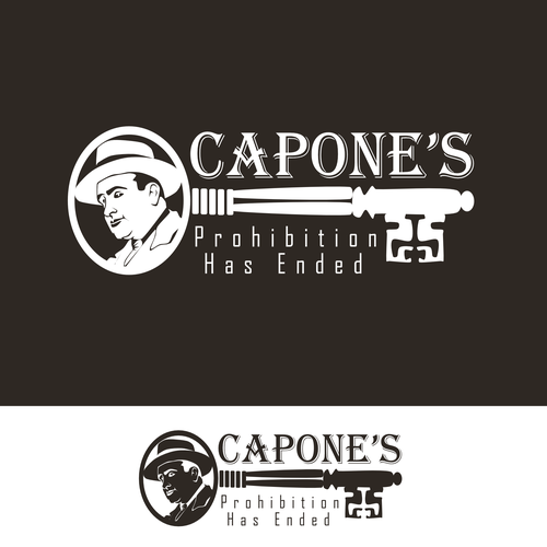 Design a prohibition style logo with a old key and al Capone face ( side view ) black and white Design by scorpionagency