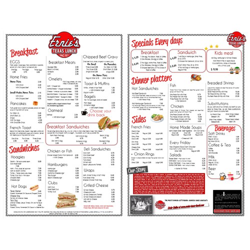 Ernies Texas Lunch 50s Diner Menu Redesign Menu contest