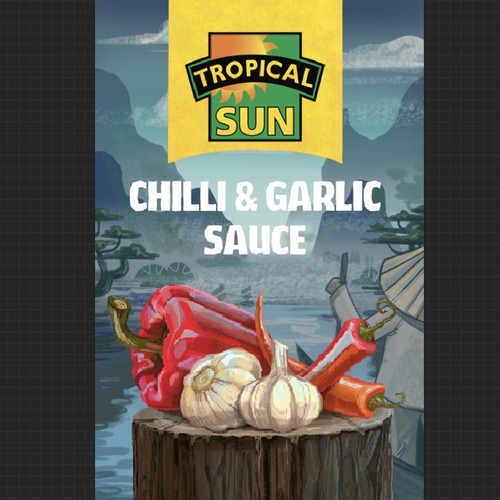 Design Tropical Sun Chilli & Garlic Sauce Label Digital Painting por MNTLIX