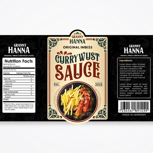 Finest hot curry sauce for german / berlin currywurst: Granny Hanna brings Yummi! Design réalisé par M.Siddique