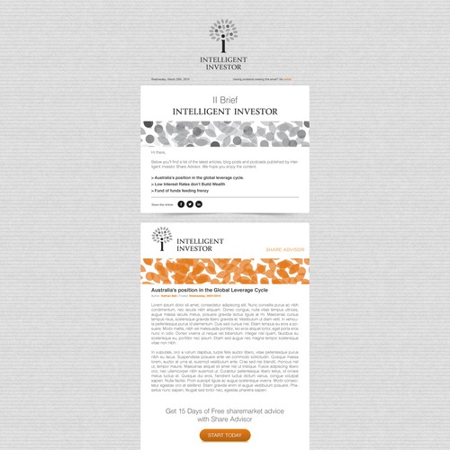 Create a weekly email newsletter template for Intelligent Investor Design by Someguys