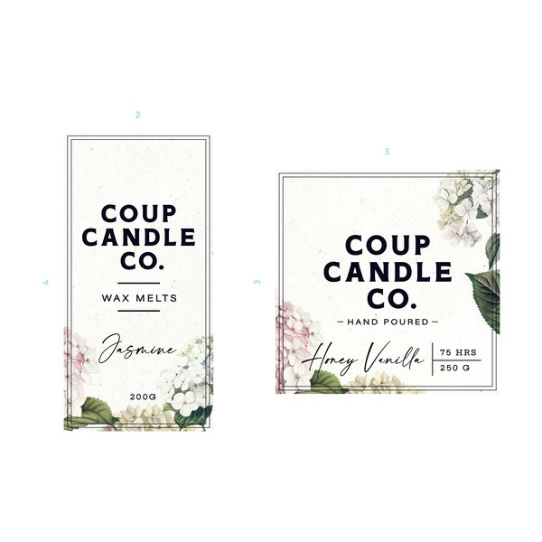 Design by TheBluebird titled "Labels for Coup Candle Co."