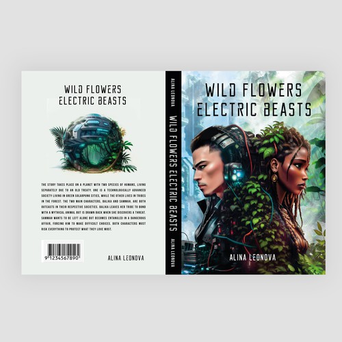 A cover for a sci-fi book with 2 species of humans (a tribal & a high-tech one), solarpunk aesthetics & wild nature Design by Davi Giolo ★