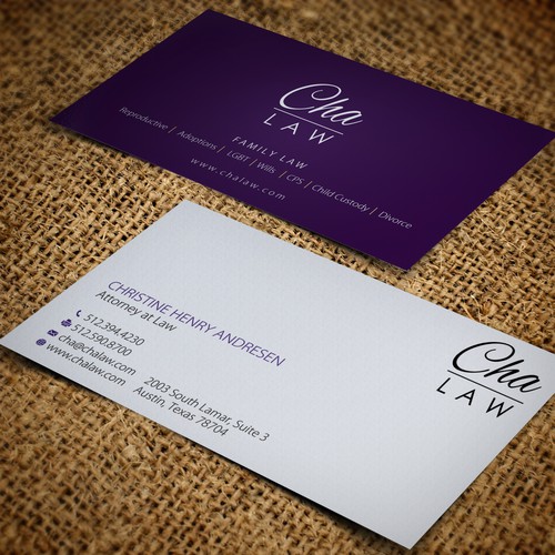 Logo and hip clean business card for cha law Logo business