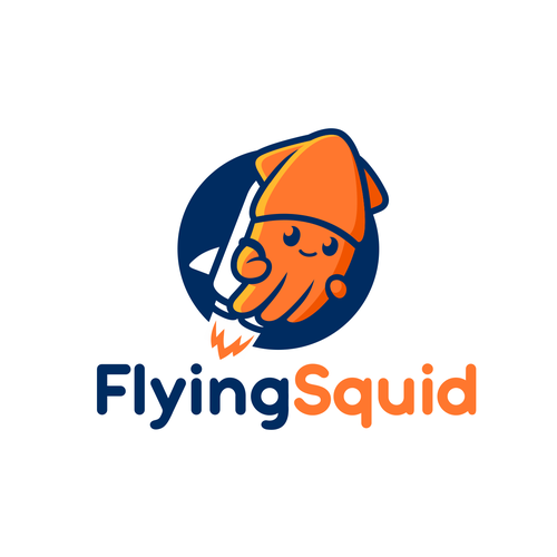 Logo of a squid wearing a jetpack for product named FlyingSquid Design by PatricioDesigns