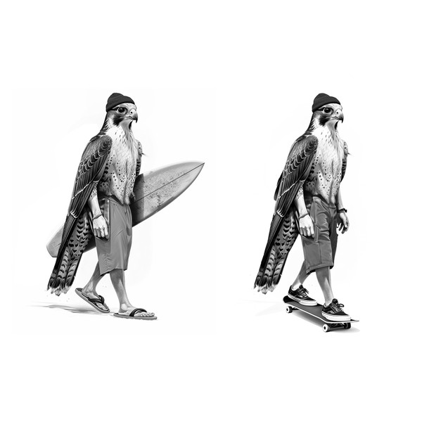 Hyper realistic hawk skateboard tattoo design 