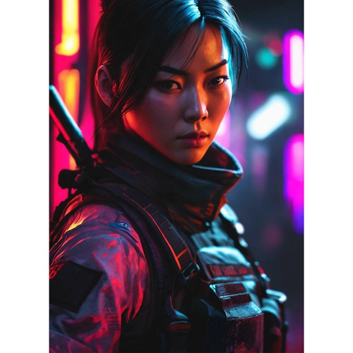 Illustration of a mysterious fearless powerful female video game character Design by Aleaca