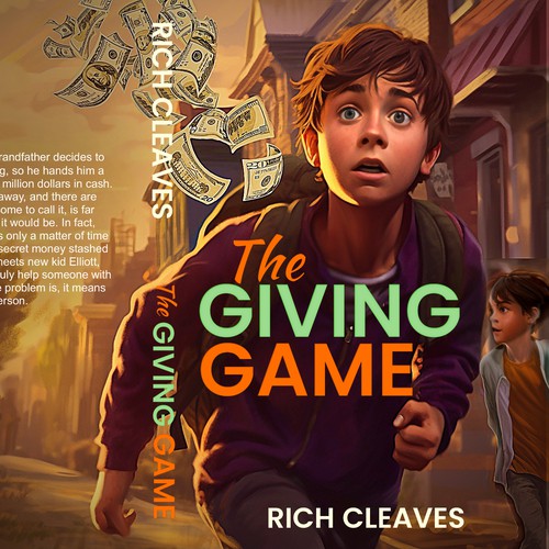 Middle grade book cover design about a kid who has to give away stacks of money Design by SusansArt