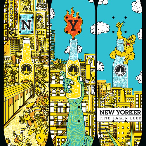 Eye-catching illustration for New Yorker Beer Skateboard Diseño de BINATANG