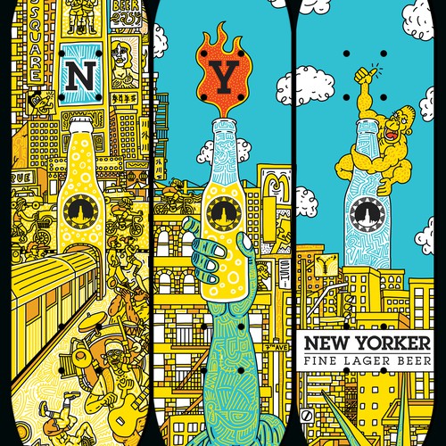 Eye-catching illustration for New Yorker Beer Skateboard Réalisé par BINATANG