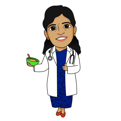 Design an attractive caricature of  "doctor mom, Dr Hema " for a healthy organic indian baby food br Design by Jak.