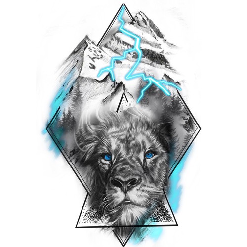 Mountain, lion and a lightning tattoo (right-side shoulder to arm) Design by osworkdesign