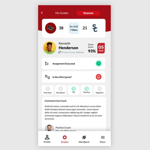 "Tech savvy APP for American football high school players to see game grades after games!" Design by StudioQ