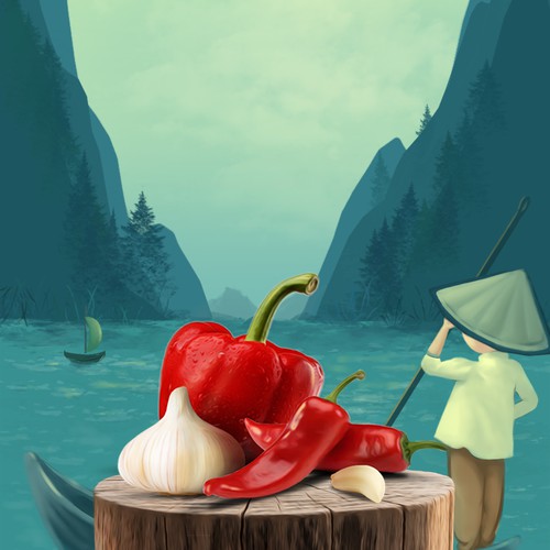 Design Tropical Sun Chilli & Garlic Sauce Label Digital Painting por FitzgeraldDesigns