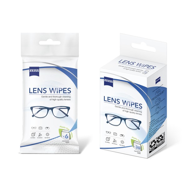 Sachet bag and box with hang tab , designed specifically for lens wipes.