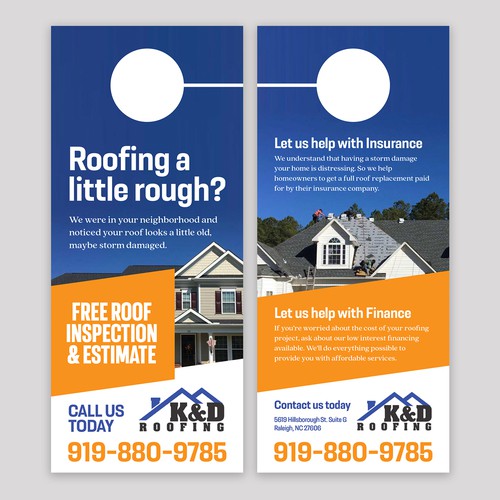 Need an ATTRACTIVE door hanger for K&D Roofing! Diseño de Jordon