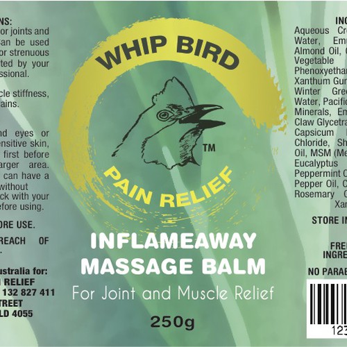 Create the next product label for Whipbird Pain Relief Pty Ltd Design by epokope