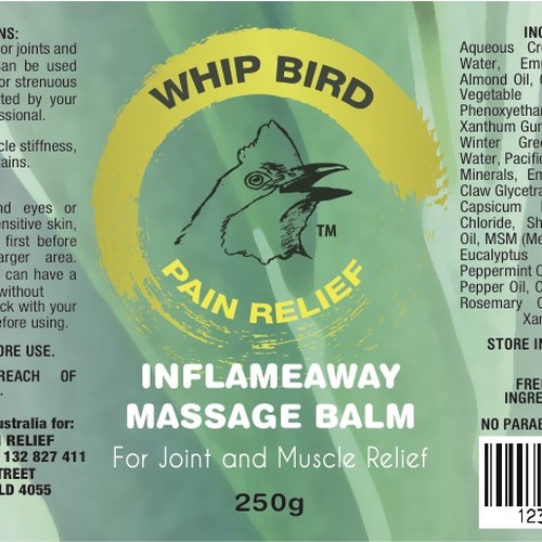 Create the next product label for Whipbird Pain Relief Pty Ltd Réalisé par epokope