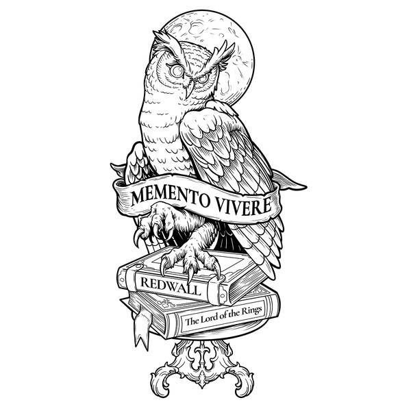 Lineart illustration of Memento Vivere Owl