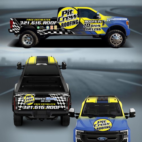 Vehicle Wrap Modification for a race car themed roofing company Design by MasterWraps™