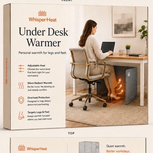 "Packaging design for Whisper Heat under desk warmer" winning Logo & business card